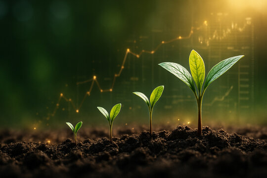 AI generated young plants sprout in stages across rich soil with a glowing upward chart in the background symbolizing progress finance investment sustainability hope and long term growth