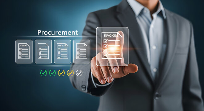 Businessman giving a five-star rating on a virtual procurement panel, symbolizing quality and performance evaluation. - Powered by Adobe