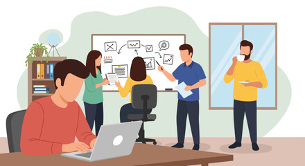 Diverse team brainstorming on whiteboard, perfect for website landing page or business brochure.