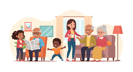 Multigenerational Family Gathering at Home: Illustration for Family, Healthcare, or Retirement Websites