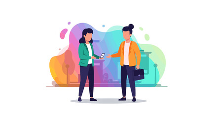 Two businesspeople exchanging a phone in a modern, colorful setting. Ideal for presentations, websites, or marketing materials.