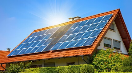 House with solar panels on a red tiled roof under a bright blue sky with a shining sun in the background