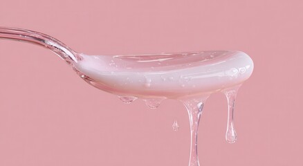 Clear spoon holding a pale pink, viscous liquid that drips