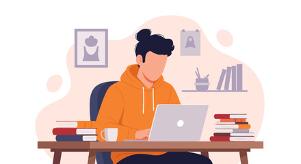 Young man working on laptop from home, perfect for website banners or blog posts about remote work, online education, or freelance lifestyle.