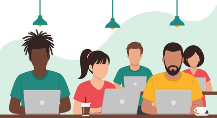 Diverse team collaborating on laptops in a modern workspace; ideal for websites and presentations showcasing teamwork.