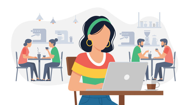 Young woman working on laptop in a coffee shop, ideal for blog posts about remote work or cafe culture.