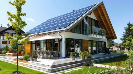 Modern house with solar panels on roof and outdoor patio area in a green landscape setting daytime
