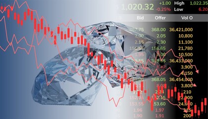 Diamond down stock market concept with red falling chart over precious gems. Ideal for luxury asset...