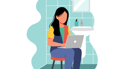 Woman working on laptop in bathroom - perfect for articles about remote work, work-life balance, or flexible work arrangements.