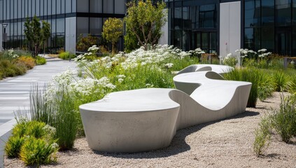Empty modern concrete bench in park, office building backdrop for break area use