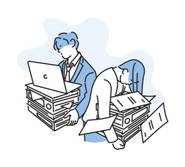 シンプル　イラスト　業務が多すぎてうんざりするビジネスパーソンの男性と女性 人物