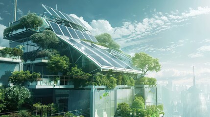 A futuristic building with solar panels and greenery against a cloudy sky in the distance