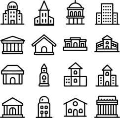 Hand-drawn Building Icons: Simple Line Art Architectural Collection for Web Design
