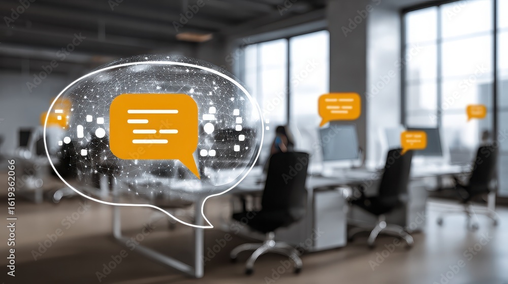 Poster speech bubble network with office computers for communication and collaboration