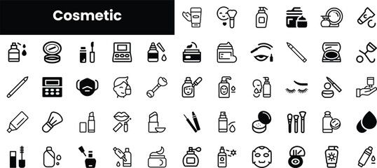 A diverse collection of black and white cosmetic icons, showcasing items like lipsticks, skincare products, and makeup tools, ideal for beauty enthusiasts and professionals.