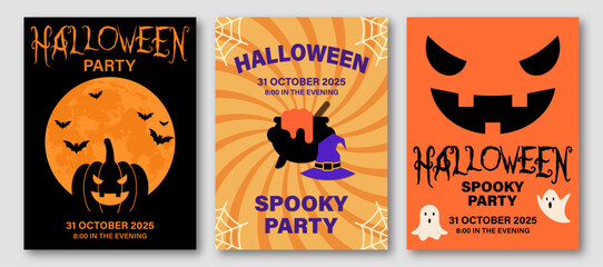 Halloween poster set with funny ghosts, pumpkin, bats and more. For background, invitations, greeting cards, cover, sale banner, flyer, advertising, web, social media. Vector illustration.