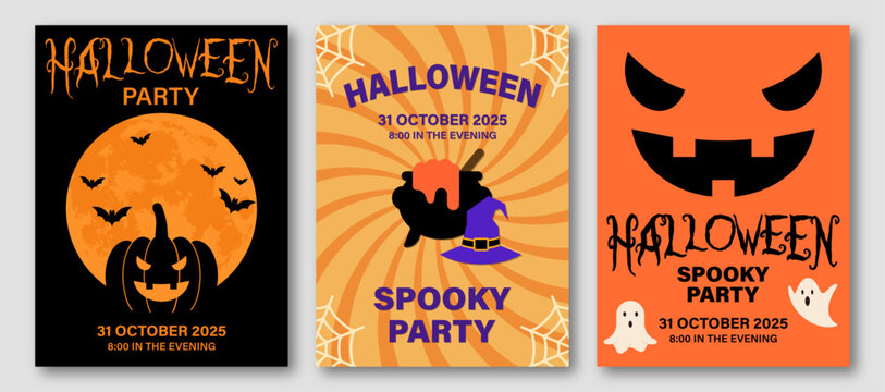 Halloween poster set with funny ghosts, pumpkin, bats and more. For background, invitations, greeting cards, cover, sale banner, flyer, advertising, web, social media. Vector illustration.