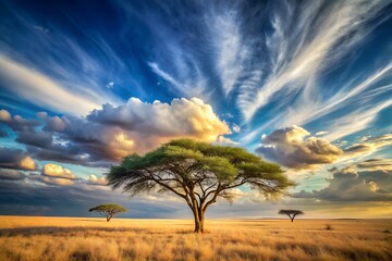 Single acacia tree in African savanna under dramatic sky
