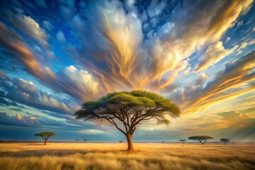 Single acacia tree in golden savanna under dramatic sunset sky