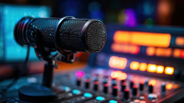 Mic on mixer with blurred background shows recording booth with glowing colored lights