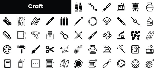A diverse collection of craft-related icons illustrating various tools and supplies, ideal for creative projects and artistic endeavors.