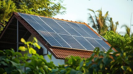 Solar panels on a roof with trees and plants surrounding the house on a sunny day in a rural area