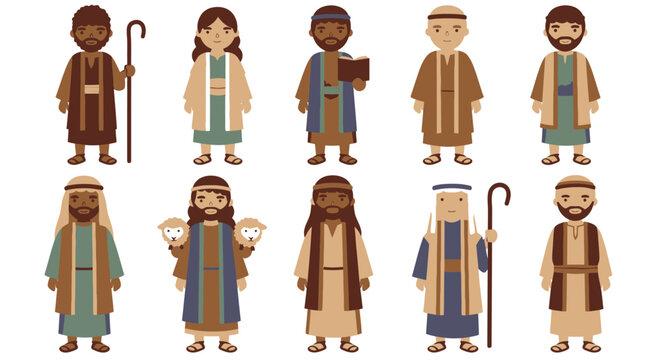 Ten cartoon figures in tunics are arrayed in two rows. They appear to be men and women from Biblical times.