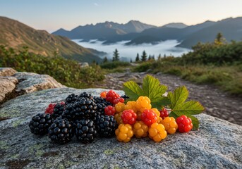 A collection of blackberries and cloudberries on a rock with a mountain landscape in the background