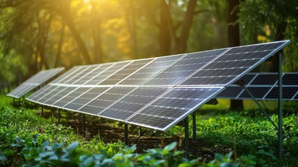 Solar panels standing in a field of green plants under the sunlight shining through the trees