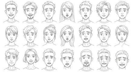 The image depicts a collection of sketched faces displaying various emotions.

