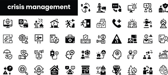 A collection of minimalist black icons depicting various aspects of crisis management, including communication, safety, emergency response, and problem-solving.