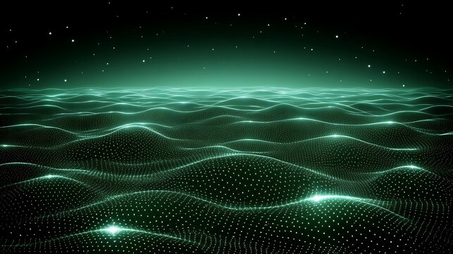 Abstract digital landscape with glowing green dots.