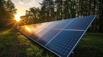 Solar panels reflecting the sunset in a field with trees in the background on a sunny day outdoors