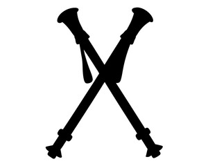 Silhouette of two hiking or trekking poles crossed on a white background