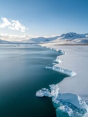 Glacier meeting the sea aerial view over icelandic landscape ultrawide angle shot in majestic nature environment