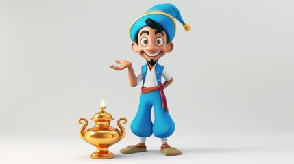 Animated genie character with a golden lamp on a clean background scene