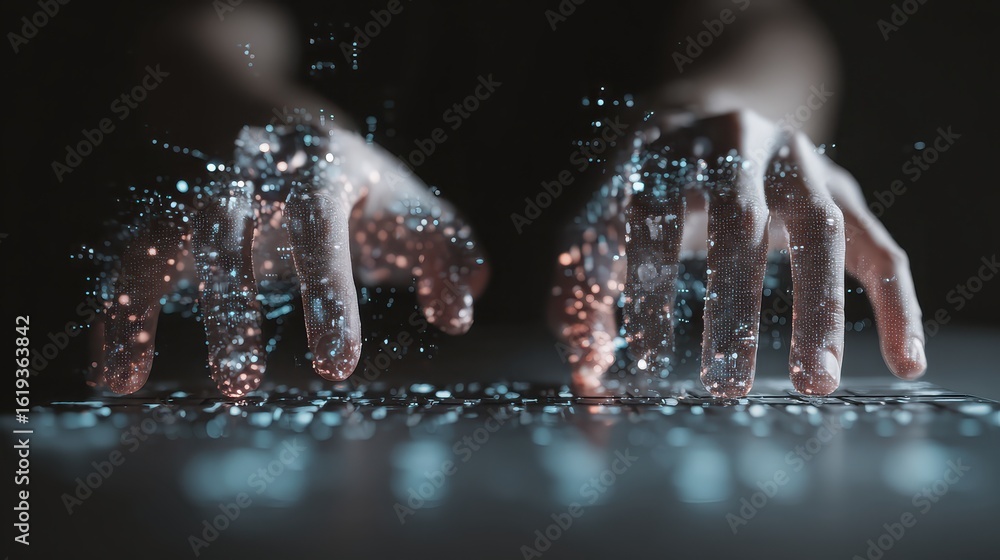 Aufkleber data stream from hands over keyboard, digital transformation concept