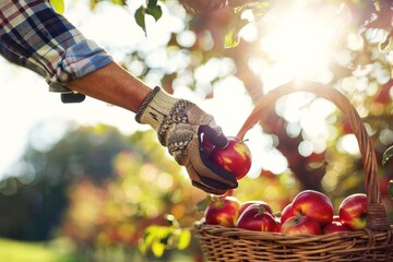 Harvesting ripe apples in a sunny orchard during autumn, showcasing a hand picking fruit for a basket