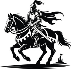 Armored knight riding horse with sword medieval