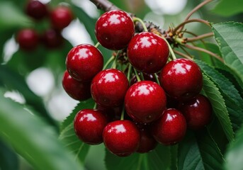 Obraz premium A cluster of ripe cherries hanging from a branch surrounded by green leaves in a natural setting