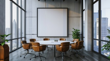 Modern conference room with blank canvas and cityscape view for presentations
