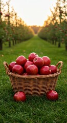 A basket full of red apples in an orchard with a green lawn and trees at sunset in the background