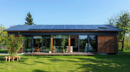 A modern house with solar panels on the roof and a green lawn in front on a sunny day outside