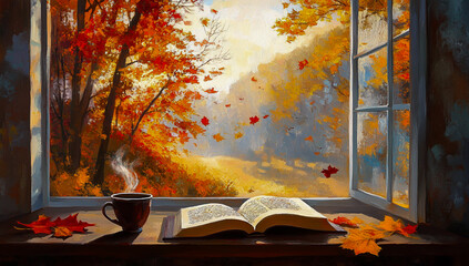 Rent an open book and head to a table, where you can enjoy a lovely outdoor view of the trees and a vibrant sunset through the window glass.