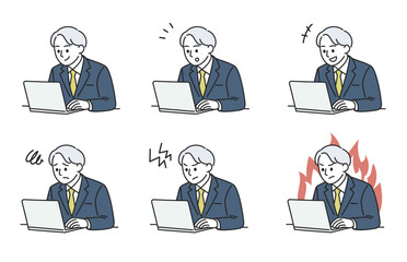 男性会社員のパソコン作業と表情変化のイラスト