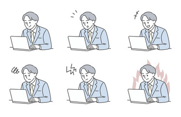 男性会社員のパソコン作業と表情変化のイラスト