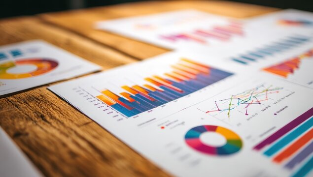 Assorted charts and graphs on a wooden table
