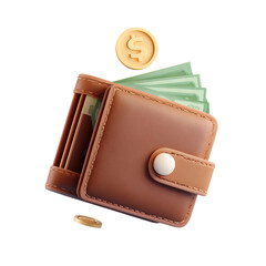3d icon of a brown leather wallet filled with cash and coins, isolated on transparent background