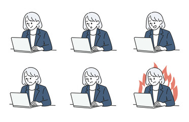 女性会社員のパソコン作業と感情バリエーションのイラスト