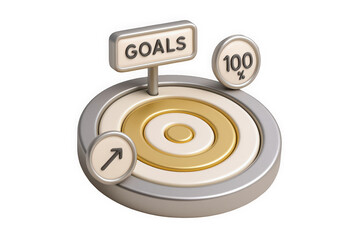 A 3D representation of a target symbolizing success with the word 'GOALS' and a 100% indicator, highlighting achievement and motivation.
